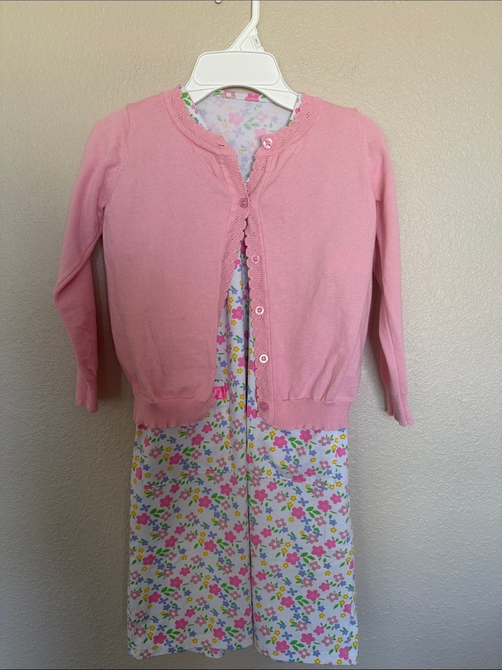 Girls Pink Cardigan Over Floral Night Gown